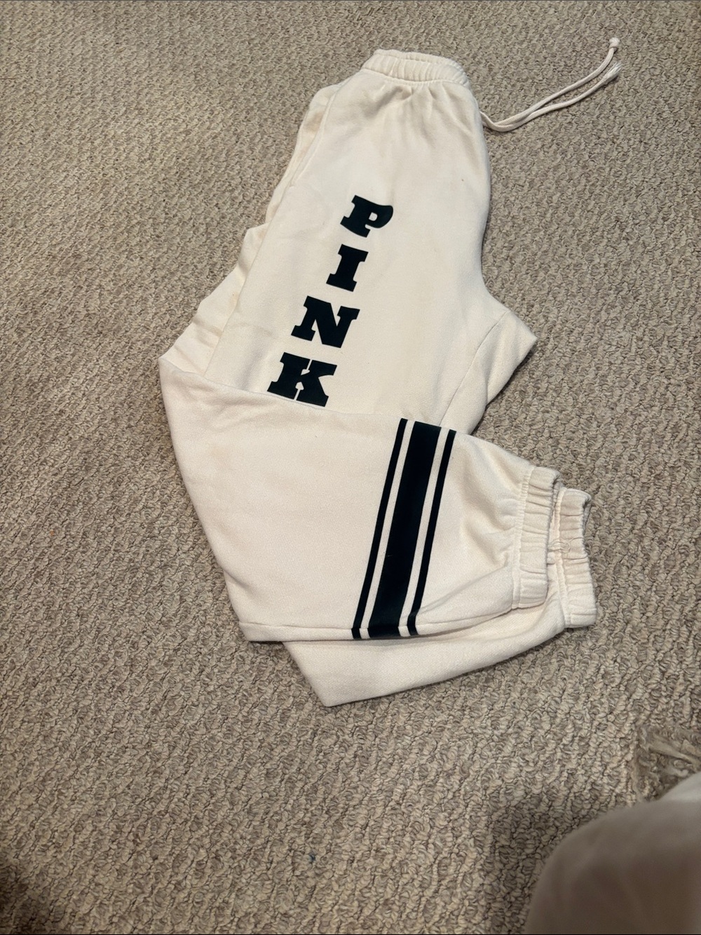 PINK Victoria's Secret Cream Joggers with Black Logo Stripes